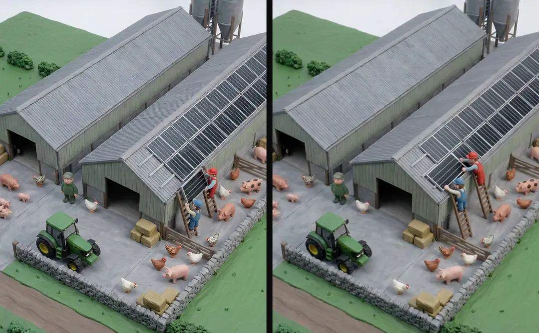An approved clay first image of installers on ladders at a farm shed, beside a frame from the shot generated from it