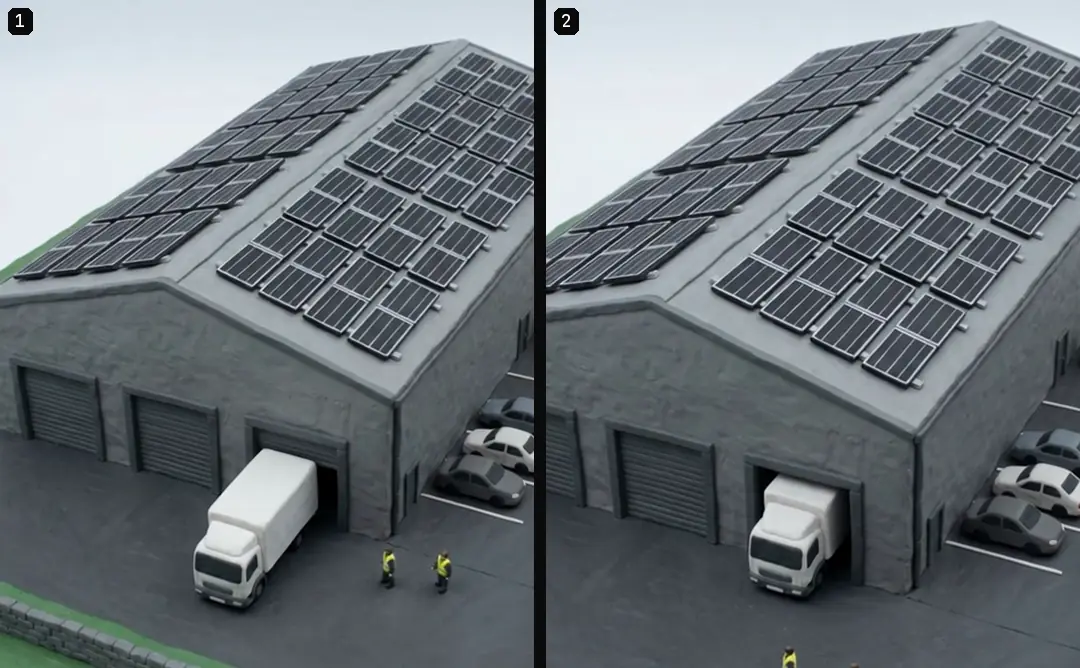 The first and the last frame of one animated shot of a large factory roof covered in panels, with the camera slowly drifting