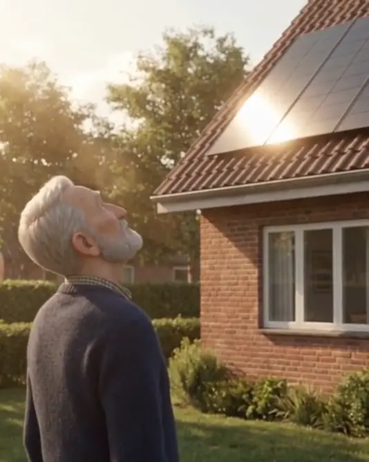A muted loop of a slow push-in on an older man in profile looking up at his roof