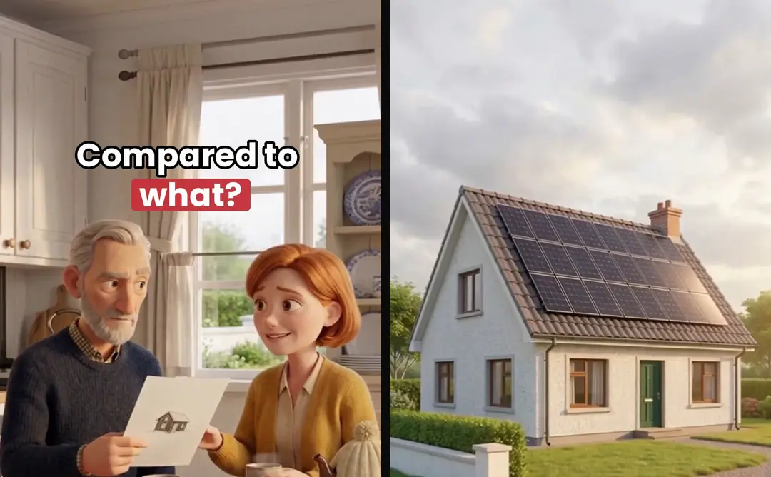 Two frames from one 3D ad: the opening at a kitchen table, and a house in the sun from later in the ad