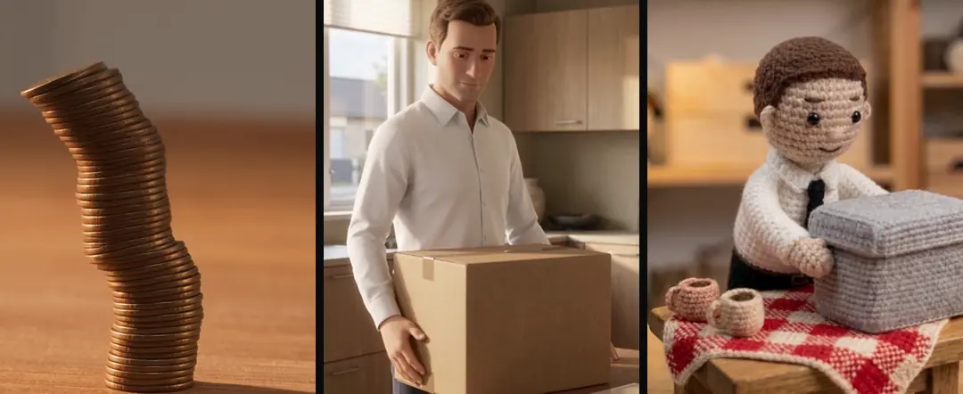 Three possible opening shots: a stack of coins toppling in close-up, a 3D salesman holding a cardboard box in a kitchen, and a crochet salesman with his hands on a box on a checked tablecloth