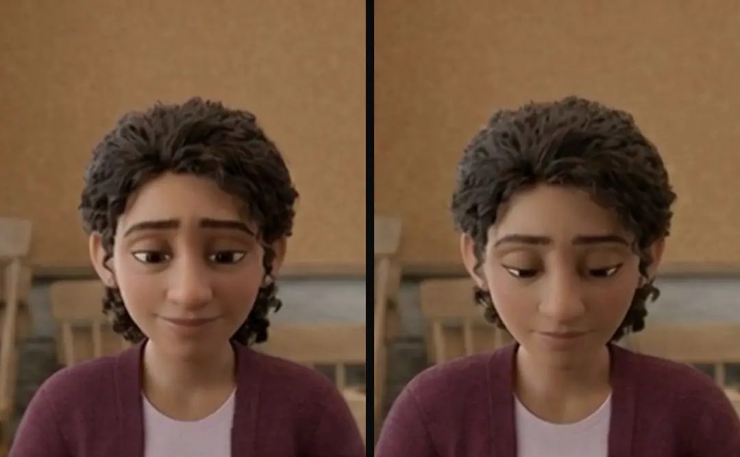 Two close-ups of a 3D treasurer at her laptop: in the first her eyes look up and ahead, in the redo they are lowered to the screen