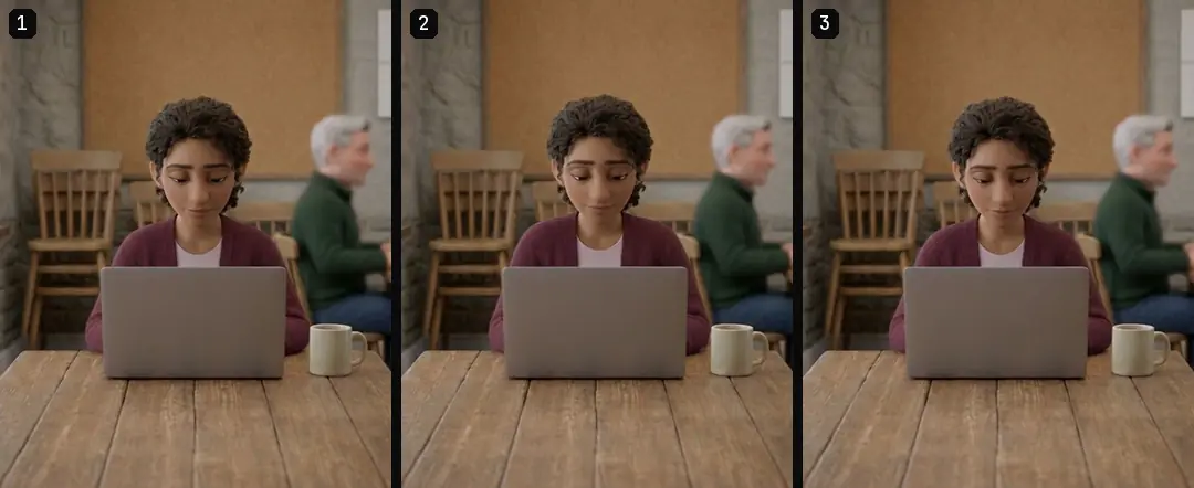 Three numbered frames from the redone 3D shot of the treasurer at her laptop, from start to end