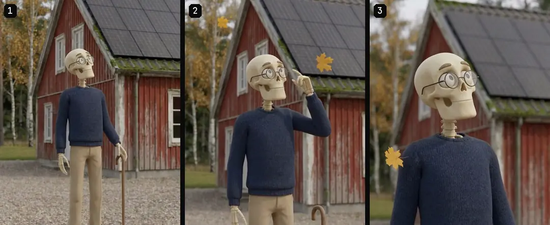 Three numbered frames from one skeleton shot: an older skeleton with a cane and reading glasses outside a red timber house with panels, as the camera moves in
