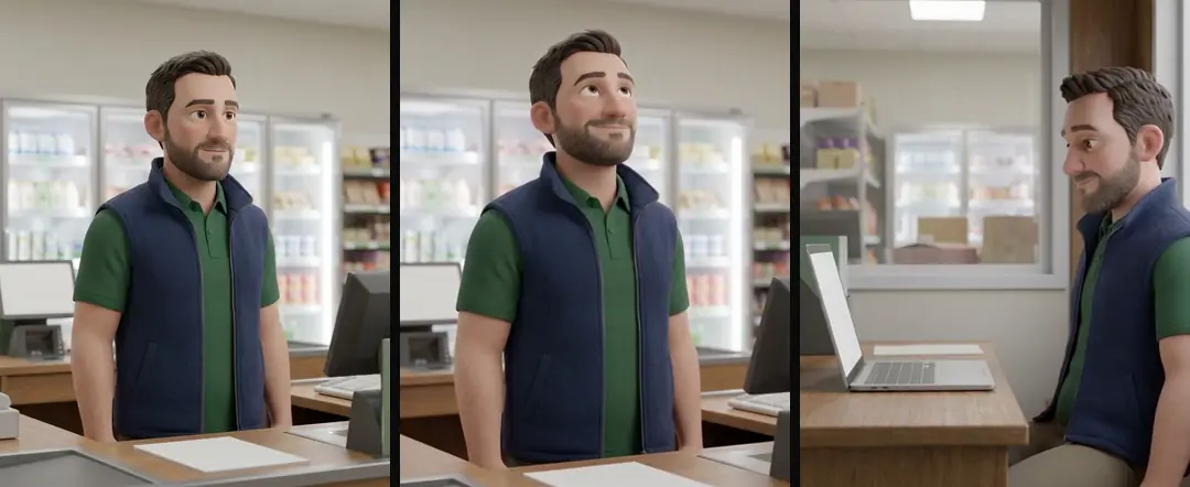 An approved 3D image of a shop manager in a green polo and fleece vest, then two shots of him: at the till and at a laptop