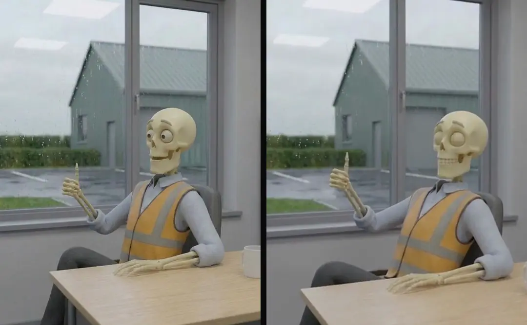 On the left the reference image of a skeleton owner at a desk; on the right the generated shot playing, as he keeps a thumb raised and moves his head and eyes