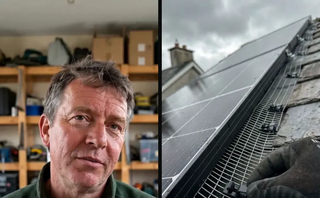 Two frames from one ad: an AI-generated man speaking in a workshop, and a roof with panels where only his voice is heard