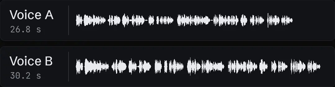 Two waveforms of two candidate voices reading the same script, with different lengths and pauses