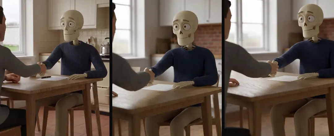 One skeleton scene in three local kitchens: shaking hands with a salesman in a grey jacket over a blank sheet on the table
