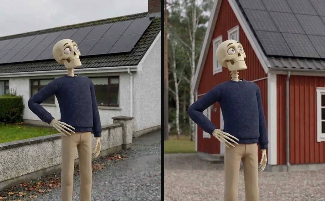 The same skeleton opening in two markets: hand on hip, looking up at solar panels, once at an Irish bungalow and once at a red Swedish house