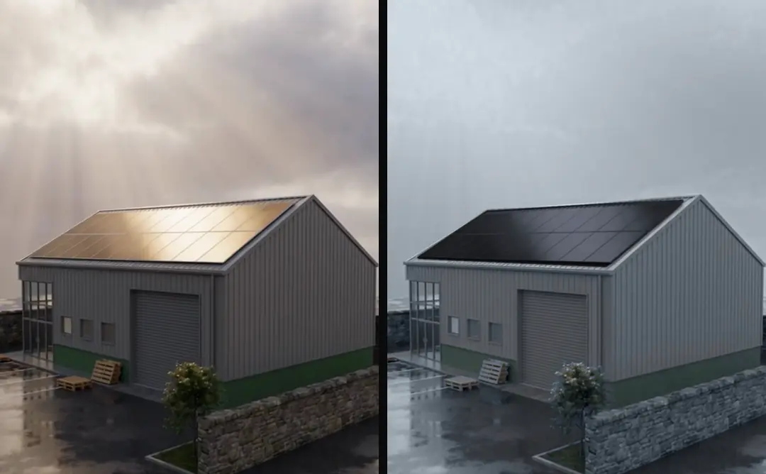 The same 3D warehouse with black roof panels twice: the original clip in warm, hazy light with sun rays and a color-corrected copy in neutral grey light