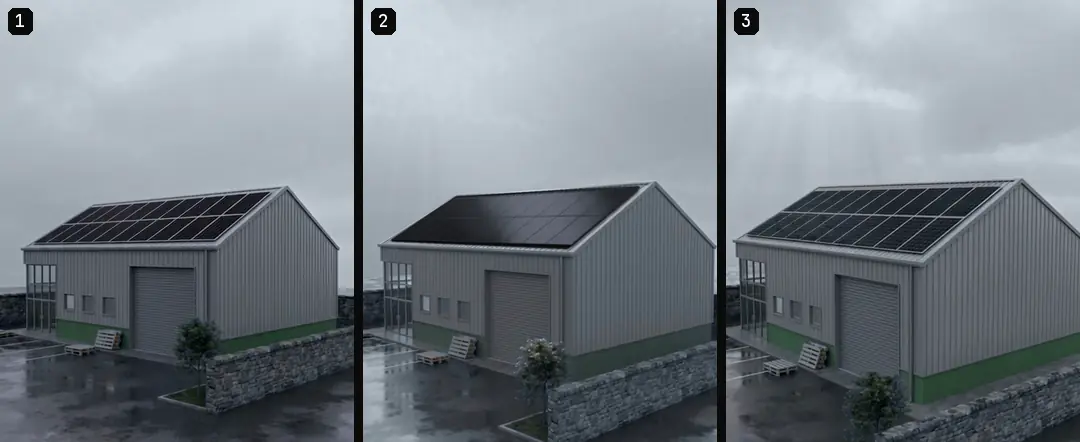 Three numbered frames from the color-corrected 3D clip as the camera rises toward a warehouse roof with panels, from start to end