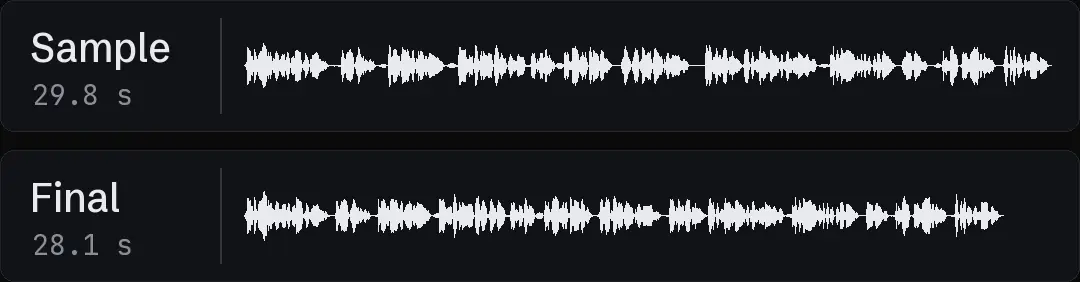 Two waveforms of the same script: an early sample read and the final voiceover, with different shapes and lengths