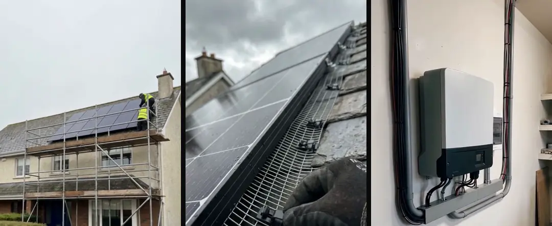 Three AI-generated b-roll shots from one of our ads: scaffolding on a house with panels, bird mesh along a panel edge, and an inverter on a wall