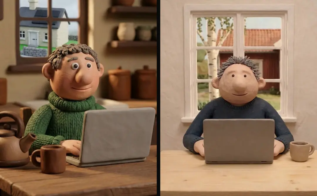 The same clay beat twice in two kitchens: a man at a laptop with a blank lid, smiling at the camera