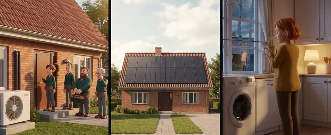 Three 3D shots carrying three different messages: four installers waiting at a front door, a house alone in midday sun, and a woman at a window at dusk