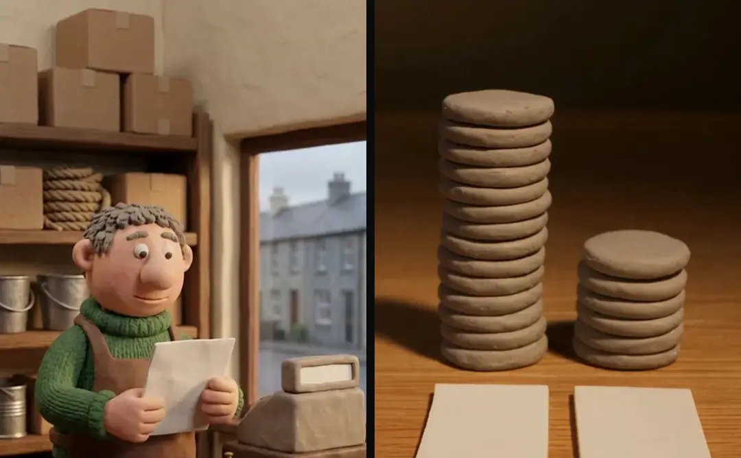 The first shot of two versions of the same clay ad: one opens on a shop owner reading a letter, the other on two stacks of clay coins
