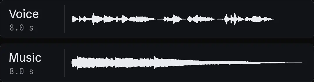 The last eight seconds of another ad as two waveforms: the voice's closing lines and the music bed fading out underneath