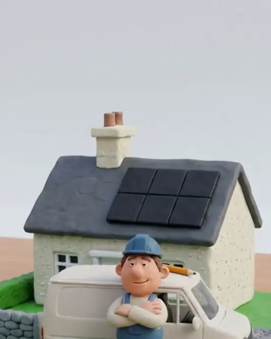A muted clay loop from the ad whose voice and bed are shown above: an installer leaning on his van in front of a house with panels, then two more installers arriving