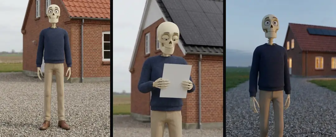 The same cartoon skeleton in a blue sweater three times: the reference image in front of a brick house, holding a blank sheet of paper outside it, and walking home at dusk