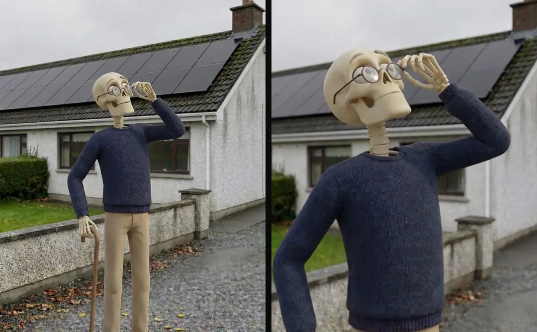 A cartoon skeleton with a cane and reading glasses in front of an Irish bungalow with solar panels, first in the approved start frame and then much closer at the end of the clip