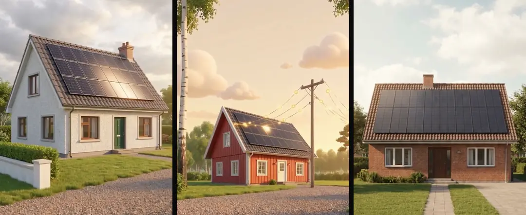 Three 3D houses with solar panels: a white Irish house behind a low wall, a red Swedish wooden house by a birch and power lines, and a red brick house