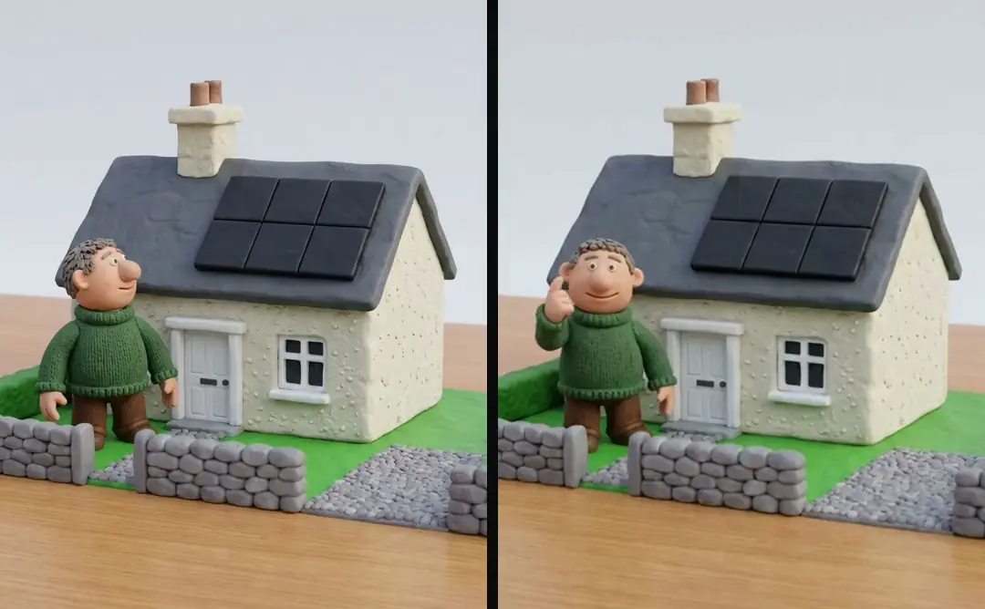 On the left the approved clay still of a man looking up at panels on an Irish house; on the right the clip made from it, where he taps his nose
