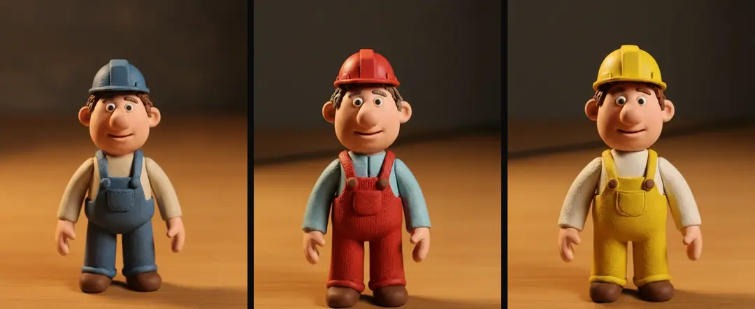 Three approved clay installer references in blue, red and yellow overalls, each standing on a wooden surface