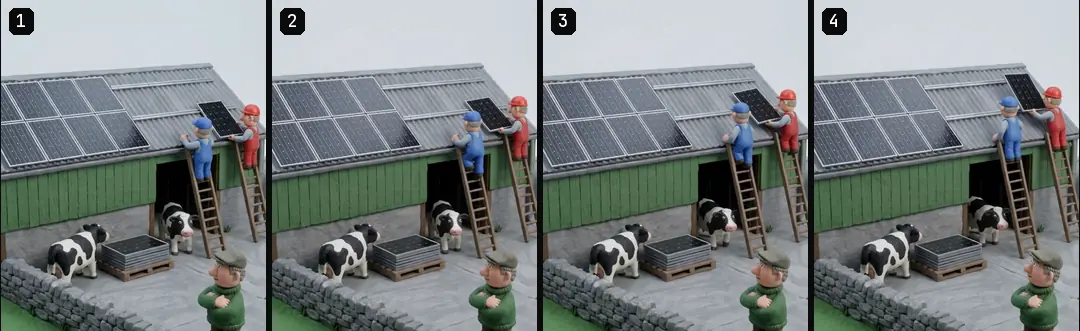 Four numbered clay frames in order: two installers on ladders lift a panel and move it up a cow shed roof