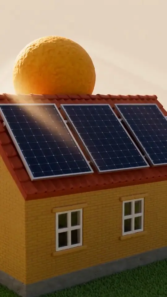 A muted clay loop of three solar panels dropping onto the rails of an empty red roof one after another