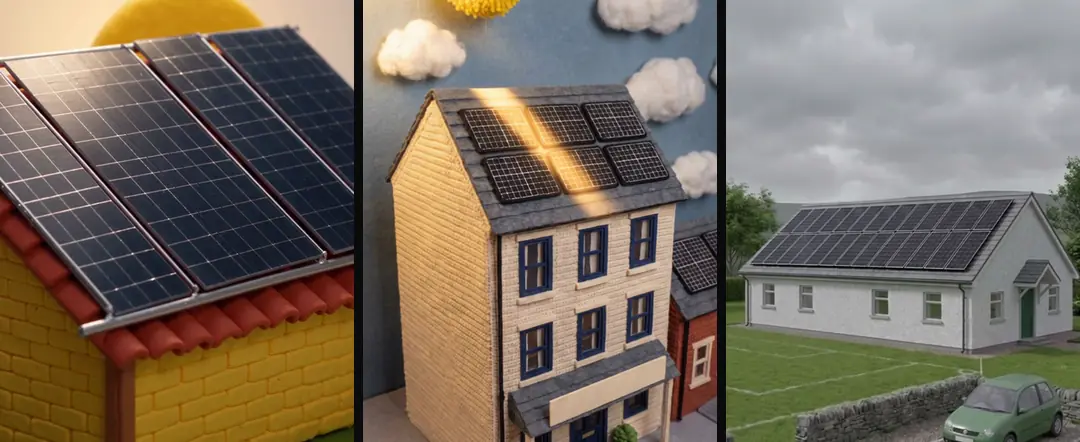 Finished roofs in three materials: a clay house with three panels, a crochet hotel roof in sunshine and a 3D clubhouse with panels