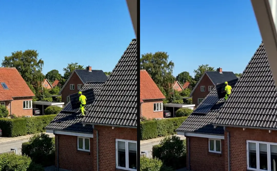 First and last frame of one shot: an installer carrying a solar panel up a tiled roof, at the start and at the end of the move