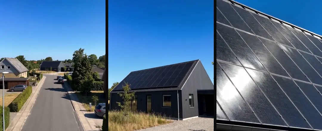 Three photorealistic shots of one modern dark house: the street, a low angle up at the roof and the panels up close