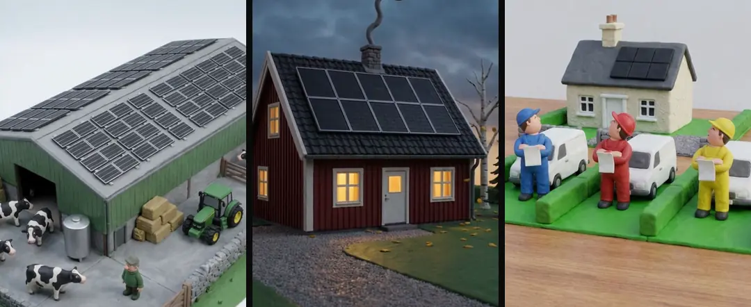 Three clean clay clips with no text: a barn roof covered in panels seen from the air, a red wooden house at dusk with smoke from the chimney, and three installers by their vans in front of a house