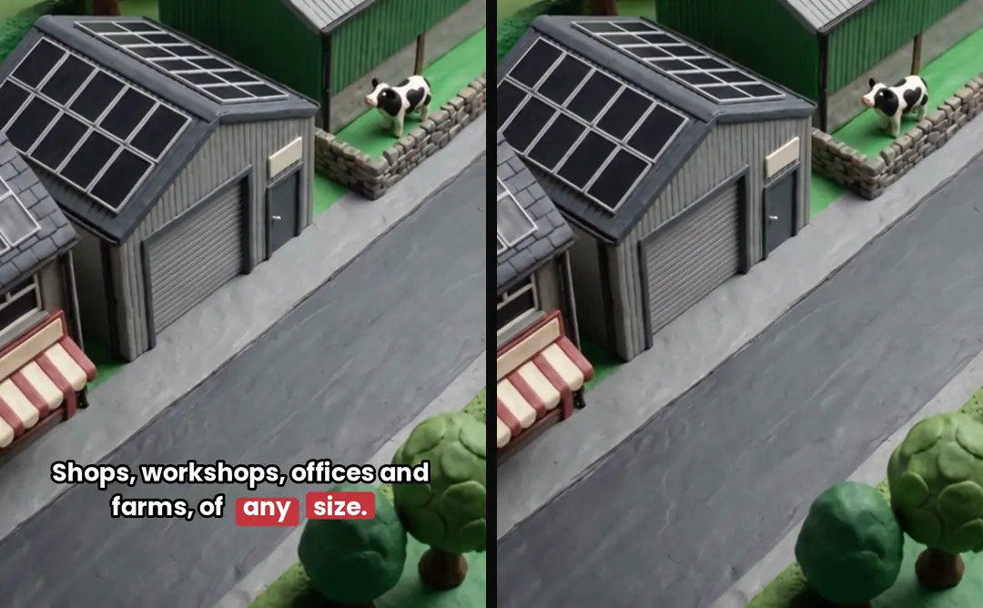 The same clay street scene twice: on the left with the caption Shops, workshops, offices and farms, of any size burned in, on the right the clean footage without it