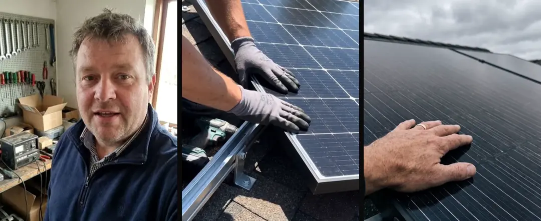 An AI-generated portrait of a man facing the camera, beside two b-roll shots with no faces: an installer's hands at work and a hand on a panel