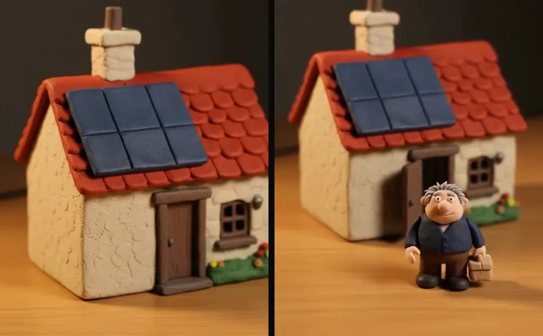 On the left the approved still of a small clay house with solar panels; on the right the clip made from it, where the door opens and a clay man walks out with a lunchbox