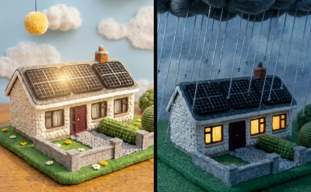 The same crocheted bungalow twice: in summer sun under a yarn sun, and in January rain under a dark yarn cloud with the windows lit