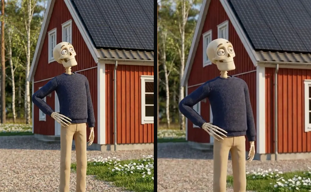 An input frame of a skeleton in a navy sweater in front of a red Swedish house with panels, beside a frame from the accepted output generated from it