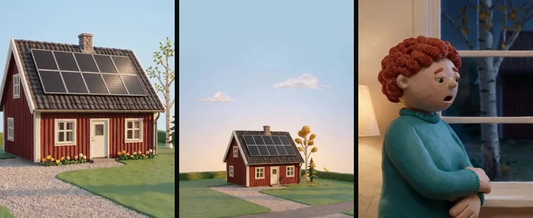 Three clay shots in one Swedish world: the red house on a spring morning, the same house small under a wide September sky, and a clay woman at a window in the autumn dusk