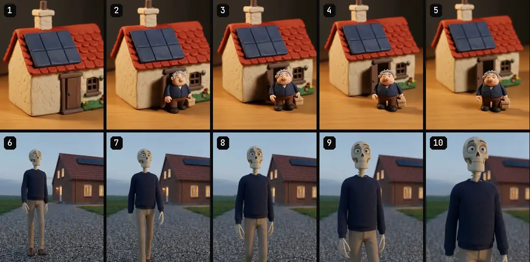 A numbered contact sheet of two clips with five frames each, taken from the start to the end of each clip
