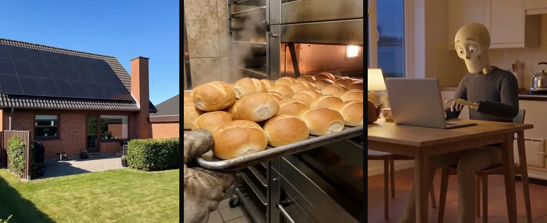 Three jobs from our clip library: a brick house with solar panels seen from the garden, bread rolls coming out of an oven, and a skeleton at a laptop