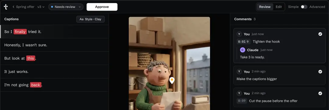 Drawn Turntake review window with sample content: version v3, its status and the Approve button above the video