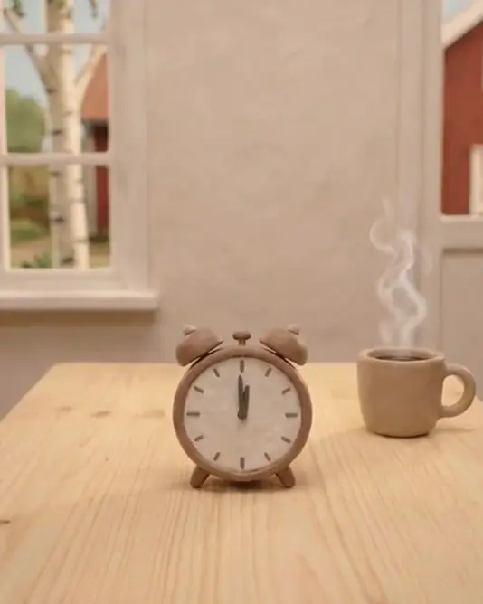 A muted clay loop of an alarm clock on a table beside a steaming cup, its bells shaking from side to side