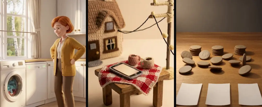 Three shots with an obvious sound: a 3D woman beside a washing machine with its drum visible, a crochet phone buzzing on a table, and clay coins scattered across a table