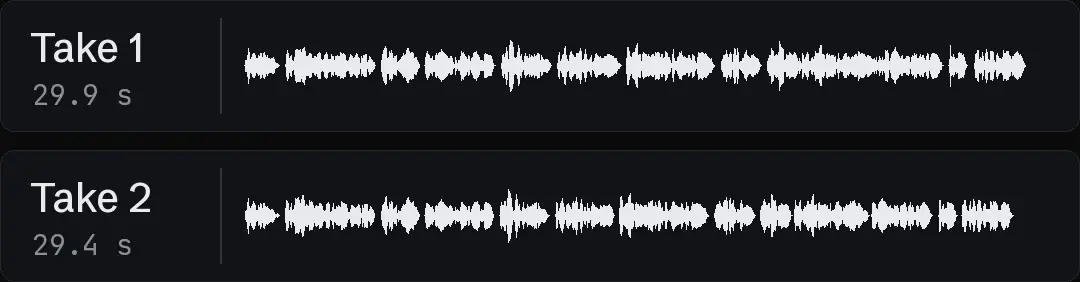 Two waveforms on one time axis: two takes of the same ad script, each lane with its length, the second ending a little earlier than the first