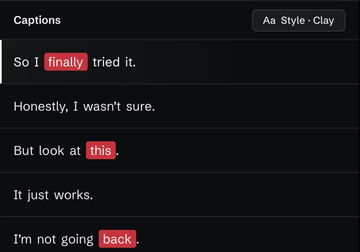 Drawn Turntake captions panel with sample content: five short caption lines in order, three of them with one word highlighted in red