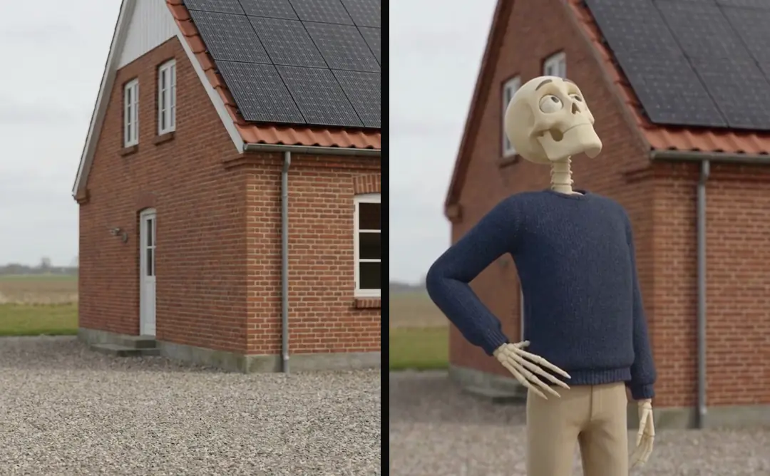 An approved environment still of a red brick house with a large solar array, beside a skeleton shot set in front of the same house