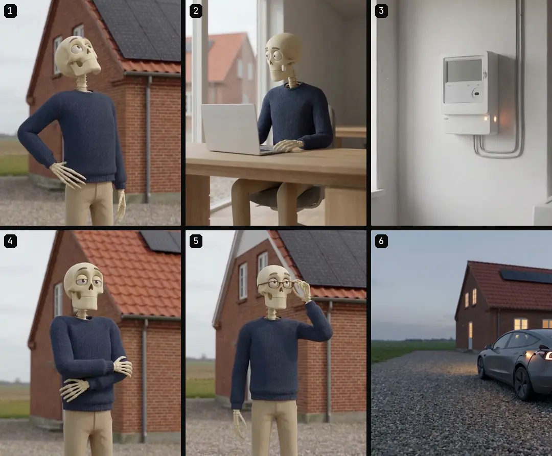Six numbered skeleton frames in story order: by the house, at a laptop, an electricity meter, arms crossed by the house, older with glasses, and a car on the drive at dusk