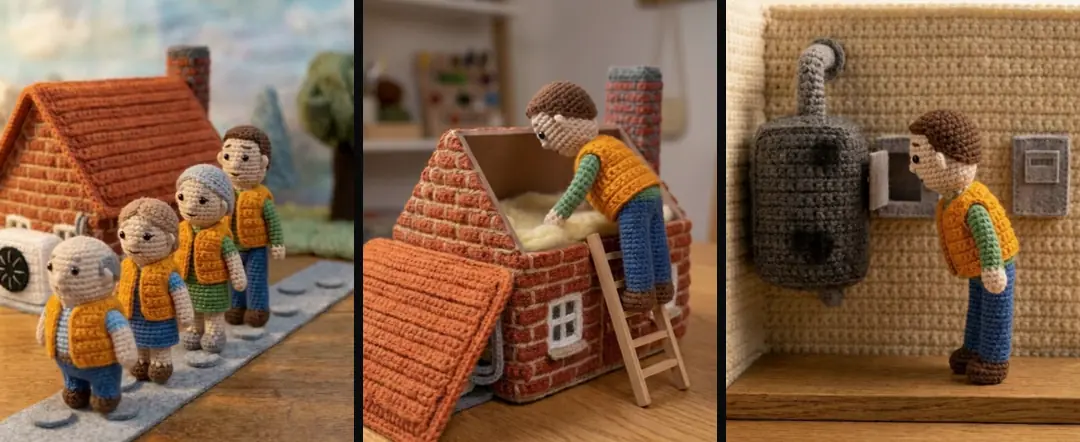 Three crochet shots from one batch: four installers walking up a garden path, an installer laying insulation under a lifted roof, and a fuse box opened